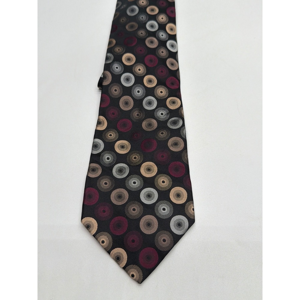 Black Silk Geometric Circle Pattern Necktie Burgundy Tan Grey RN 121148